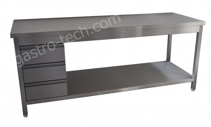 Edelstahl Arbeitstisch B 2300 x T 800 x H 850 mit Schubladenblock links allseitig abgekantet